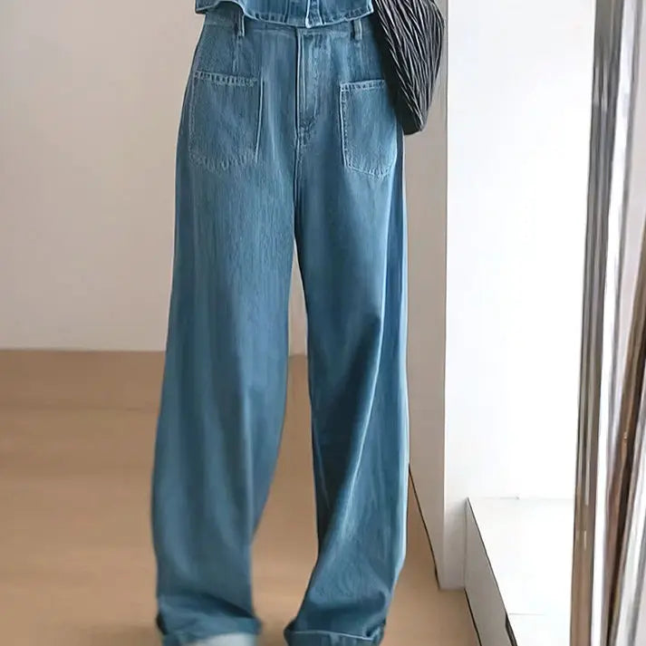 Denim Two Piece Set - Sleeveless Top & Wide Leg Pants