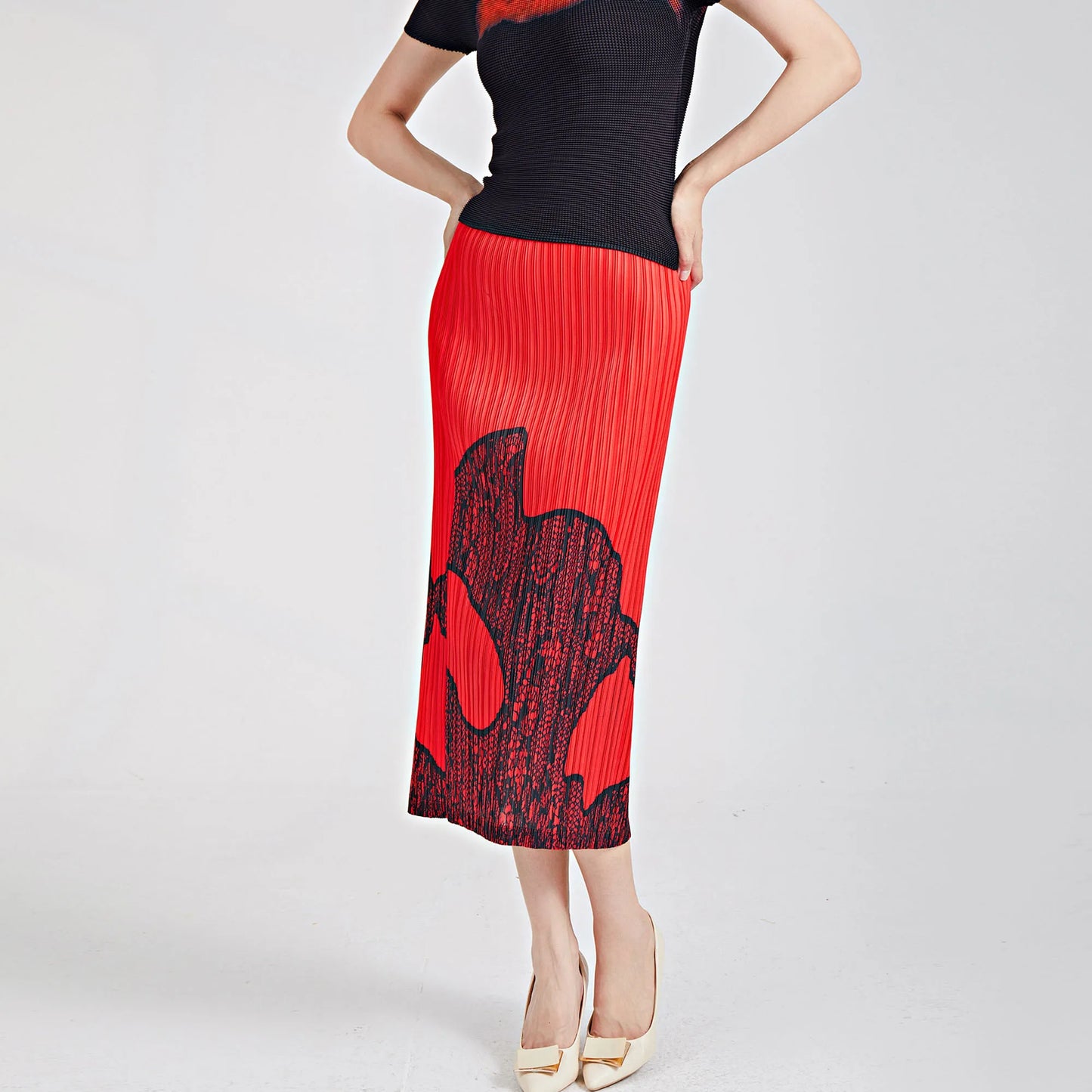 Pleated Pencil Midi Skirt - High Waist Print