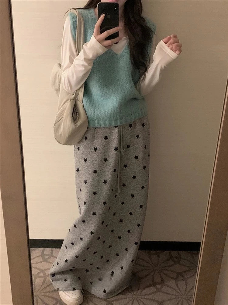 Star Print Long Skirt - Elastic Waist Bandage