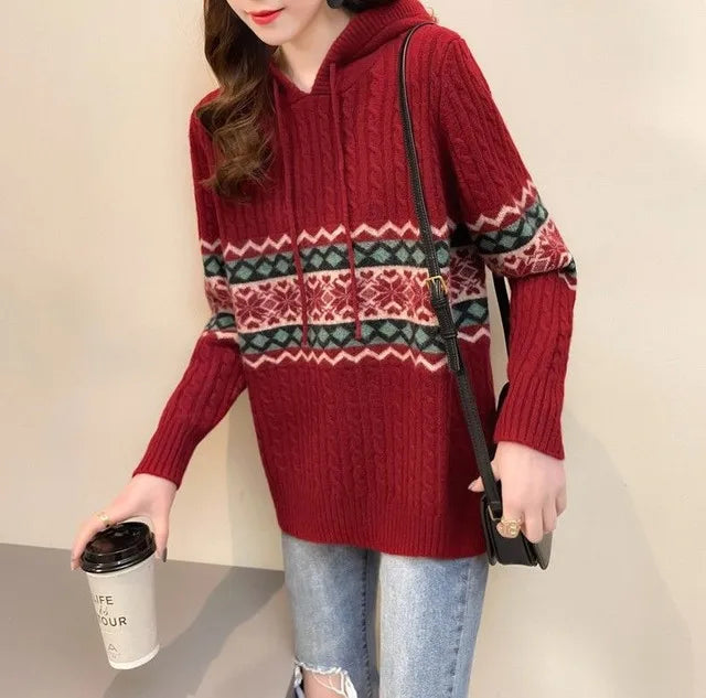 Polerón con Capucha Mujer Suelto Cordón Patchwork Estilo Étnico
