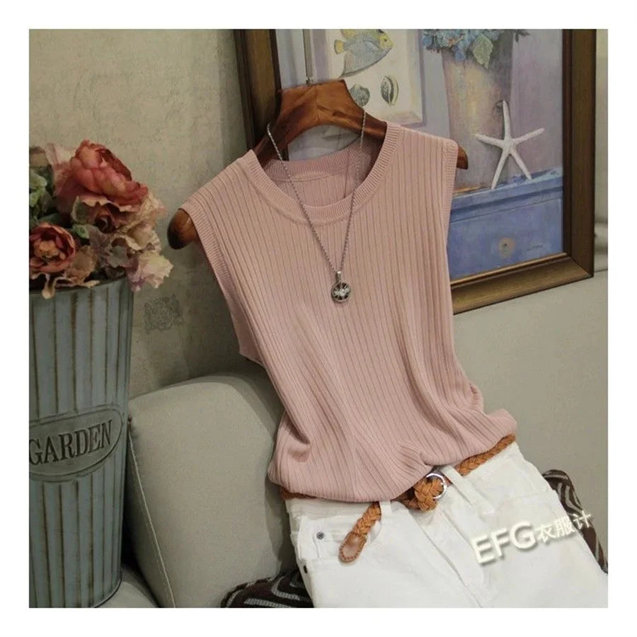 Blusa Sin Mangas Cuello Redondo Tejido Alta Elasticidad