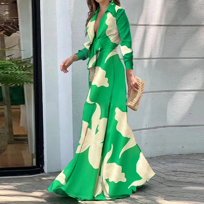Vestido Largo Boho Floral Escote V Manga Larga Línea A Mujer