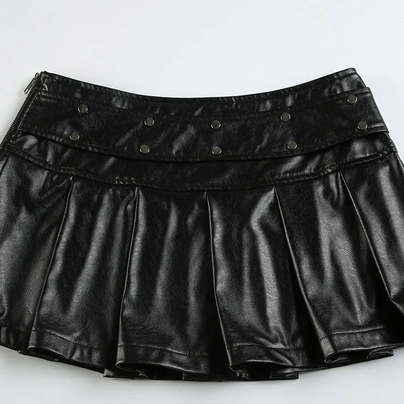 2025 New Vintage Dark Punk Rivet Faux Pu Leather Pleated Skirts Y2K Grunge Streetwear Women Gothic Dropped A-Line Mini Skirt Zip