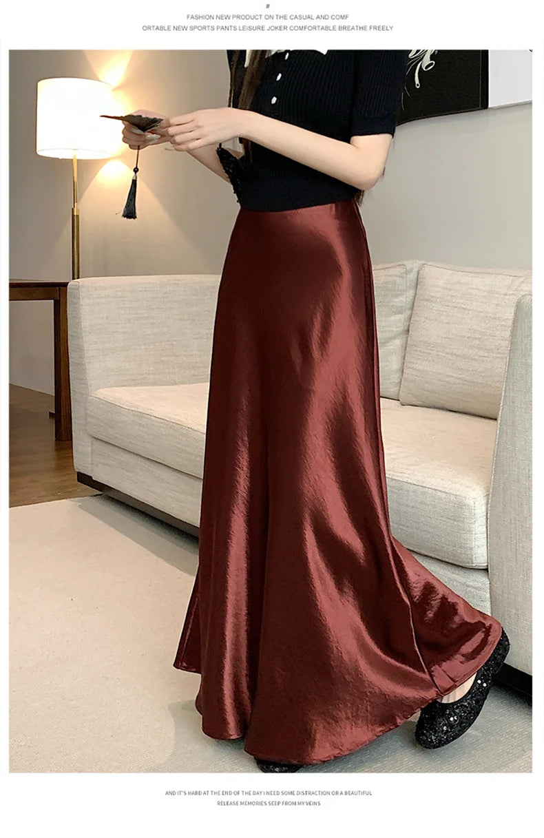 Pink Satin Midi Skirt - High Waist Fishtail Wrap