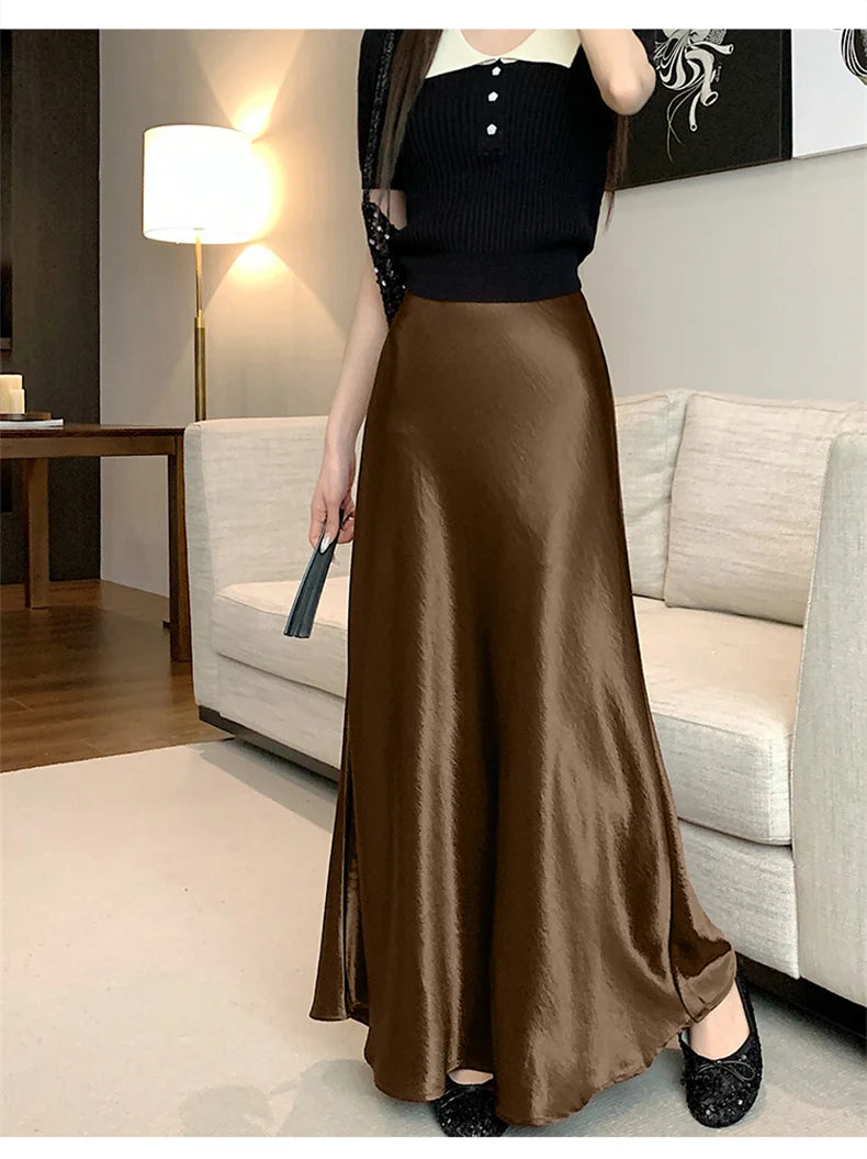 Pink Satin Midi Skirt - High Waist Fishtail Wrap