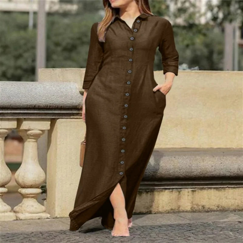 Shirt Dress - Cotton Linen Button Long Sleeve