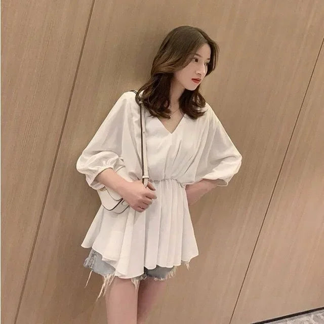 Blusa Chifón Cuello V Pliegues Manga Larga Slim Verano