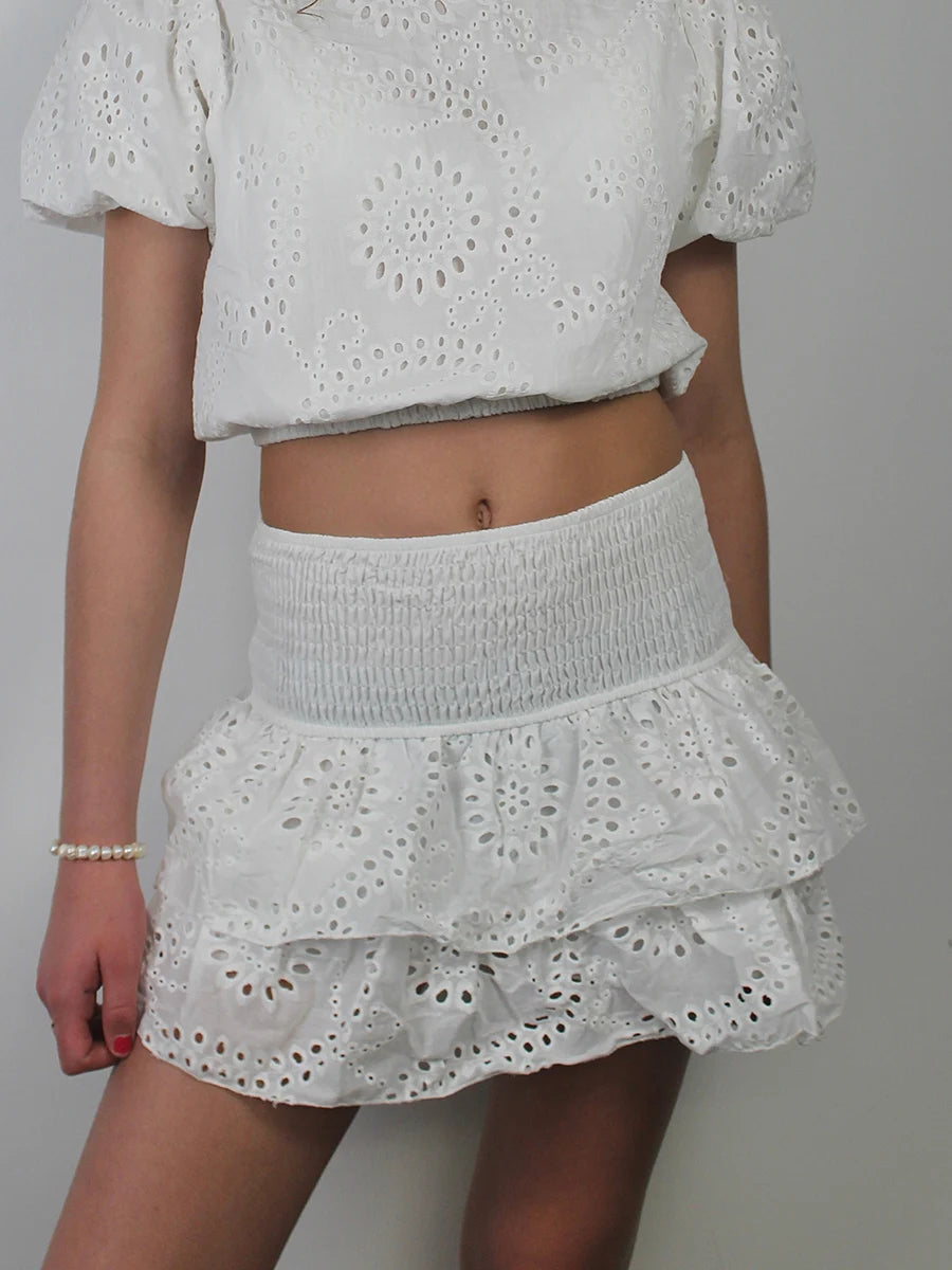 Shirred Mini Skirt - Layered Ruffle High Waist