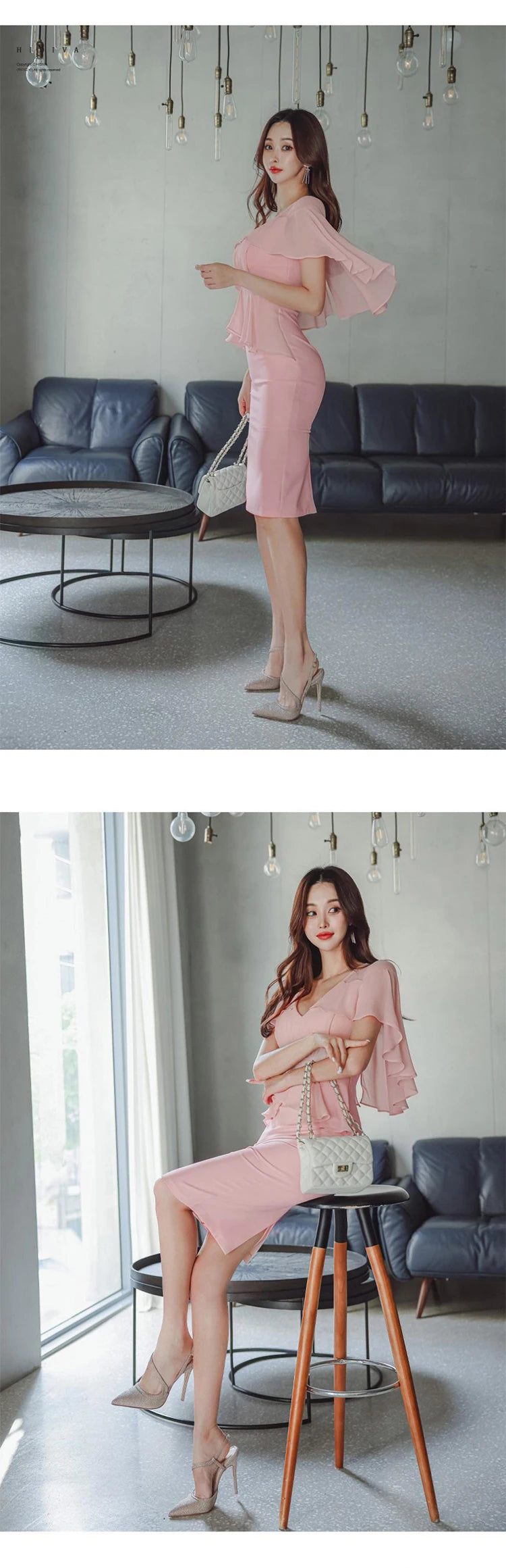 Pink Pencil Dress - Cloak V-Neck Midi Party