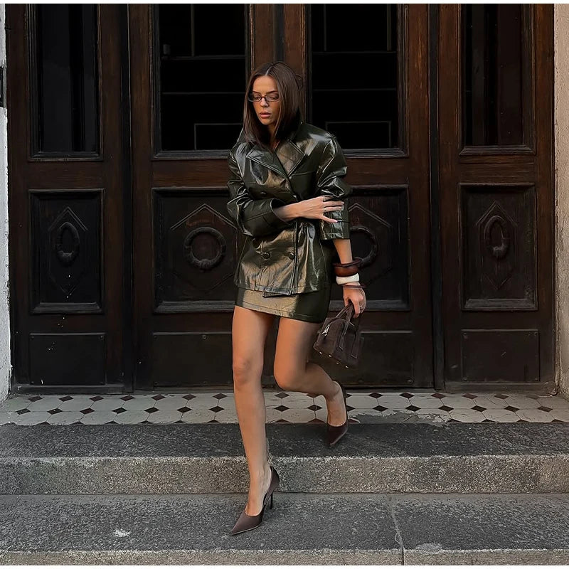 Two Piece Set - Leather Jacket & Mini Skirt