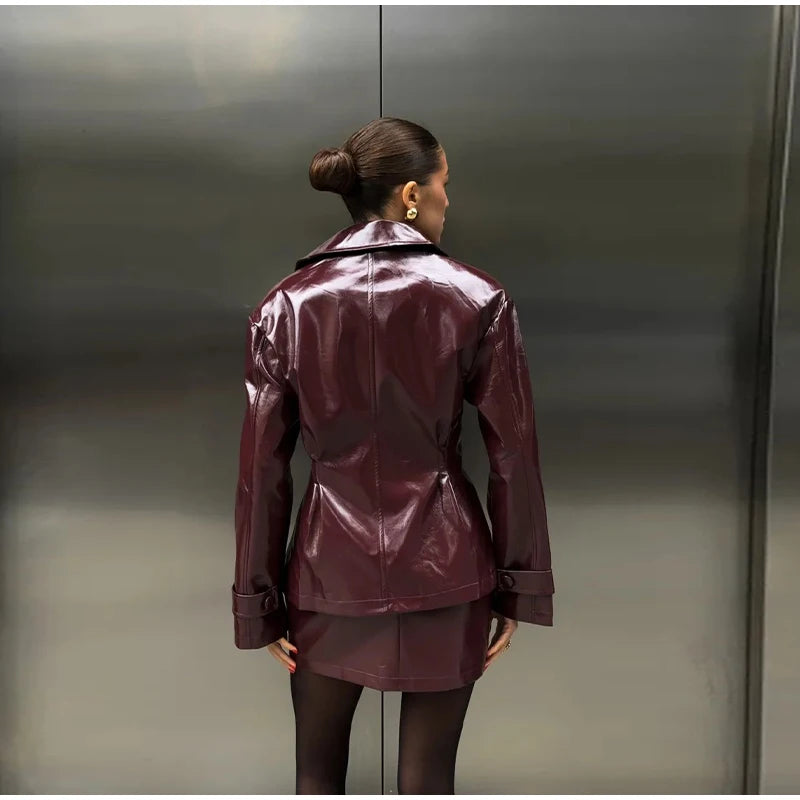 Two Piece Set - Leather Jacket & Mini Skirt