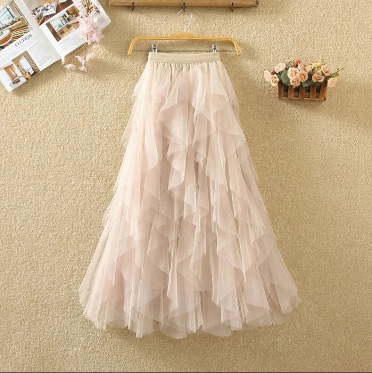 Tutu Tulle Long Maxi Skirt Women Fashion Korean Cute Pink High Waist Pleated Skirt Mesh Female Lady Aesthetic Faldas