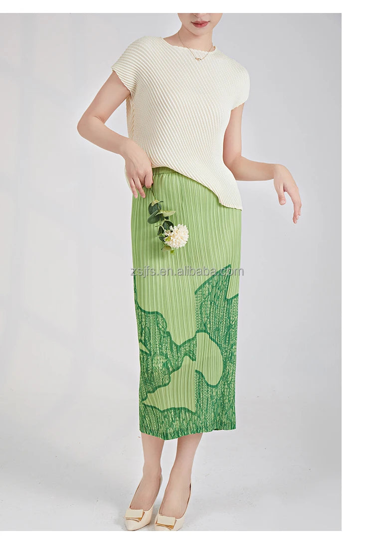 Pleated Pencil Midi Skirt - High Waist Print
