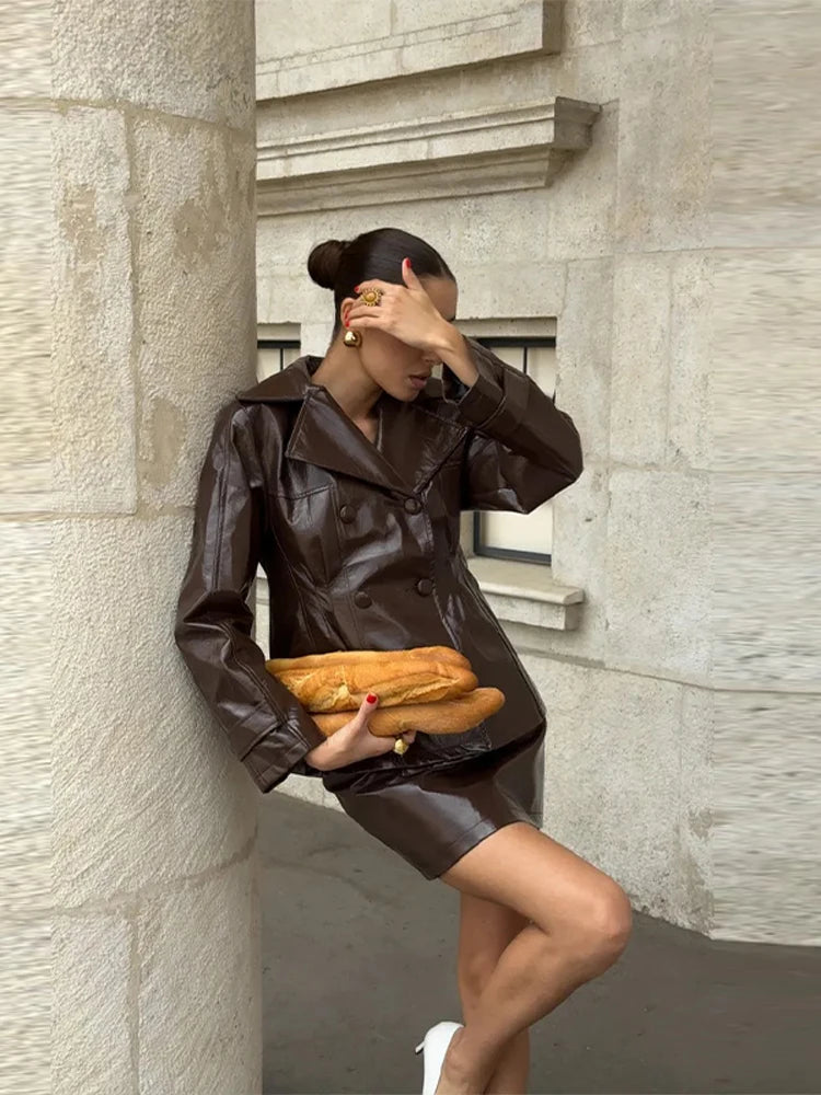 Two Piece Set - Leather Jacket & Mini Skirt