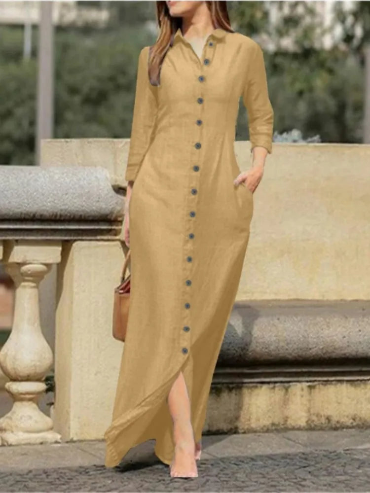 Shirt Dress - Cotton Linen Button Long Sleeve