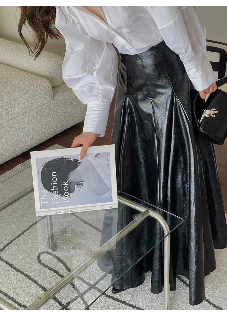 PU Leather Maxi Skirt - High Waist Pleated Black