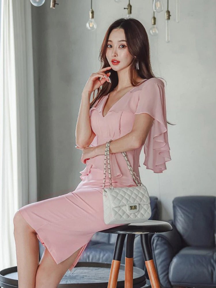 Pink Pencil Dress - Cloak V-Neck Midi Party