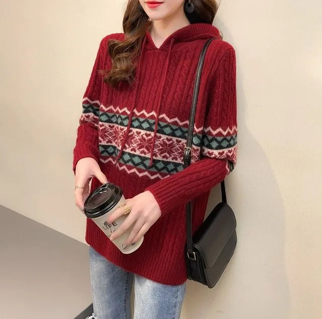 Polerón con Capucha Mujer Suelto Cordón Patchwork Estilo Étnico