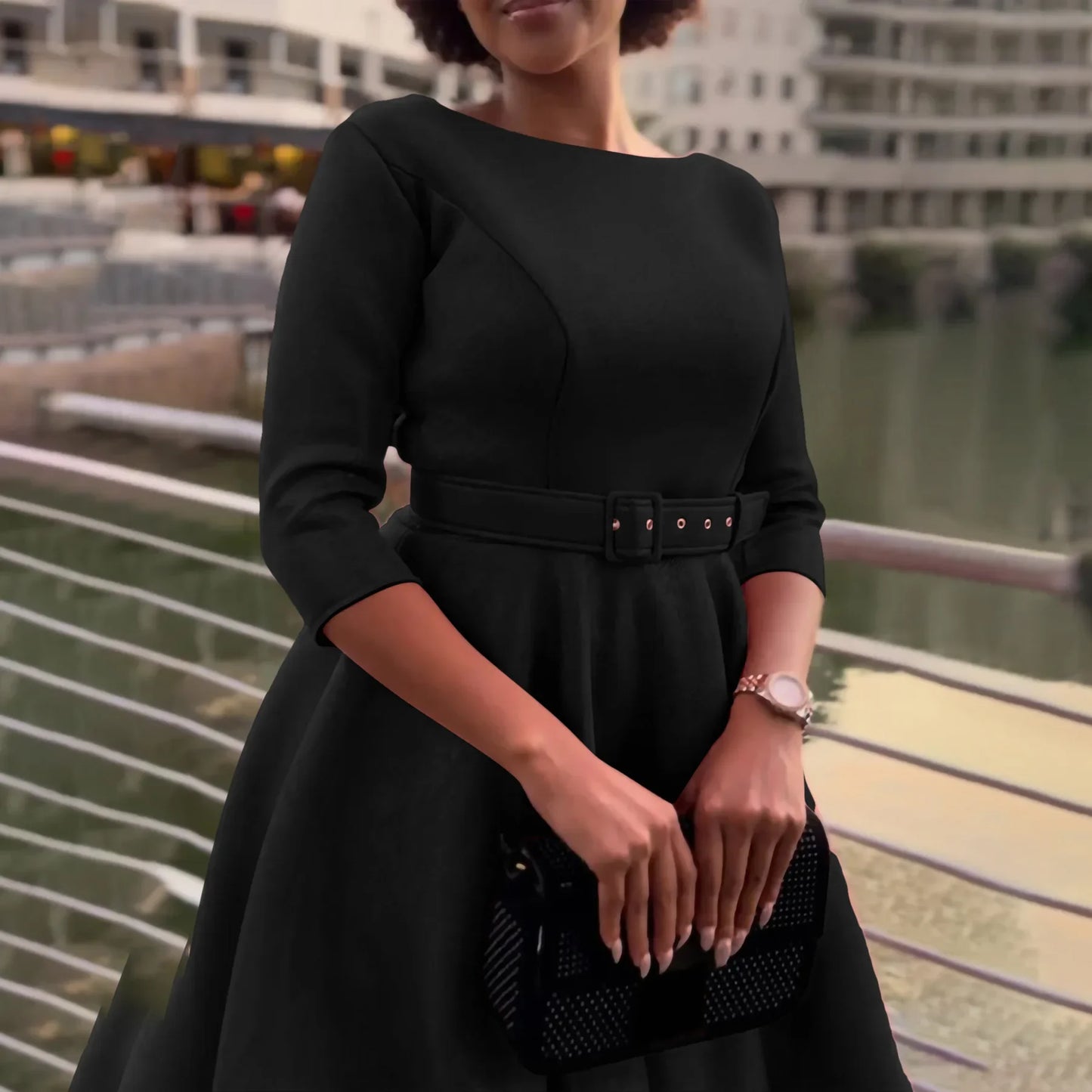 Party Dress - A-Line Belt Three Quarter Sleeve