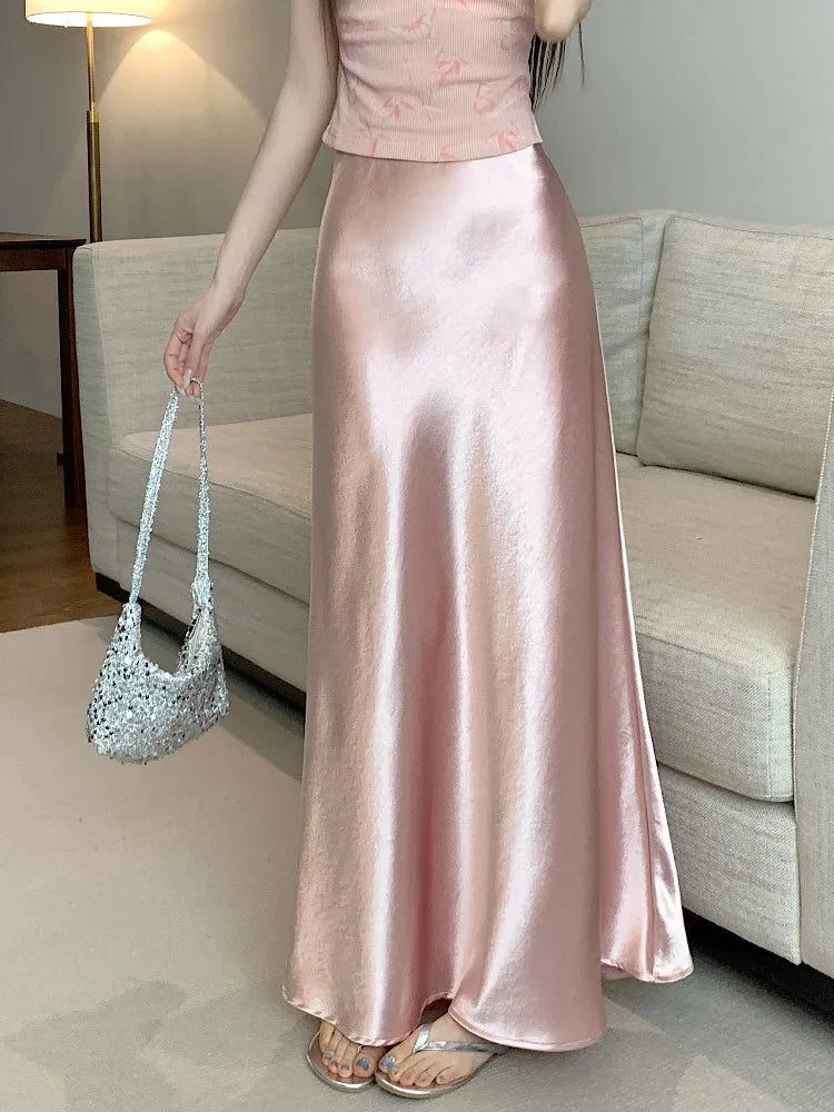 Pink Satin Midi Skirt - High Waist Fishtail Wrap