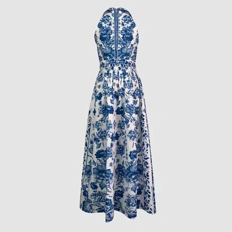 Vestido Largo Azul Floral Geométrico Sin Mangas Elegante Fiesta