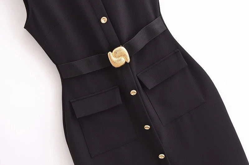 Office Midi Dress - Belt Button Sleeveless Black