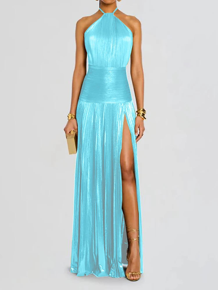 Party Maxi Dress - Halter Lacing Sleeveless