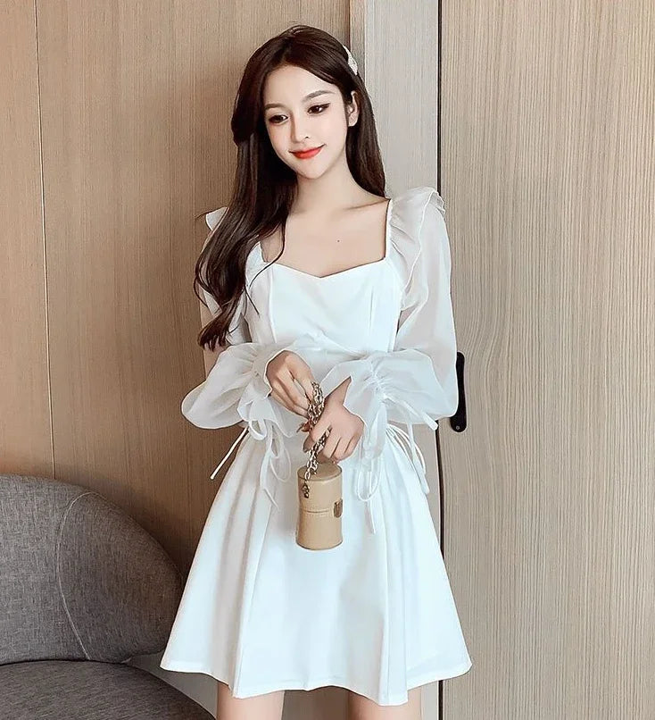 Vestido Corto Manga Puff Cuello Cuadrado Estilo Coreano Mujer