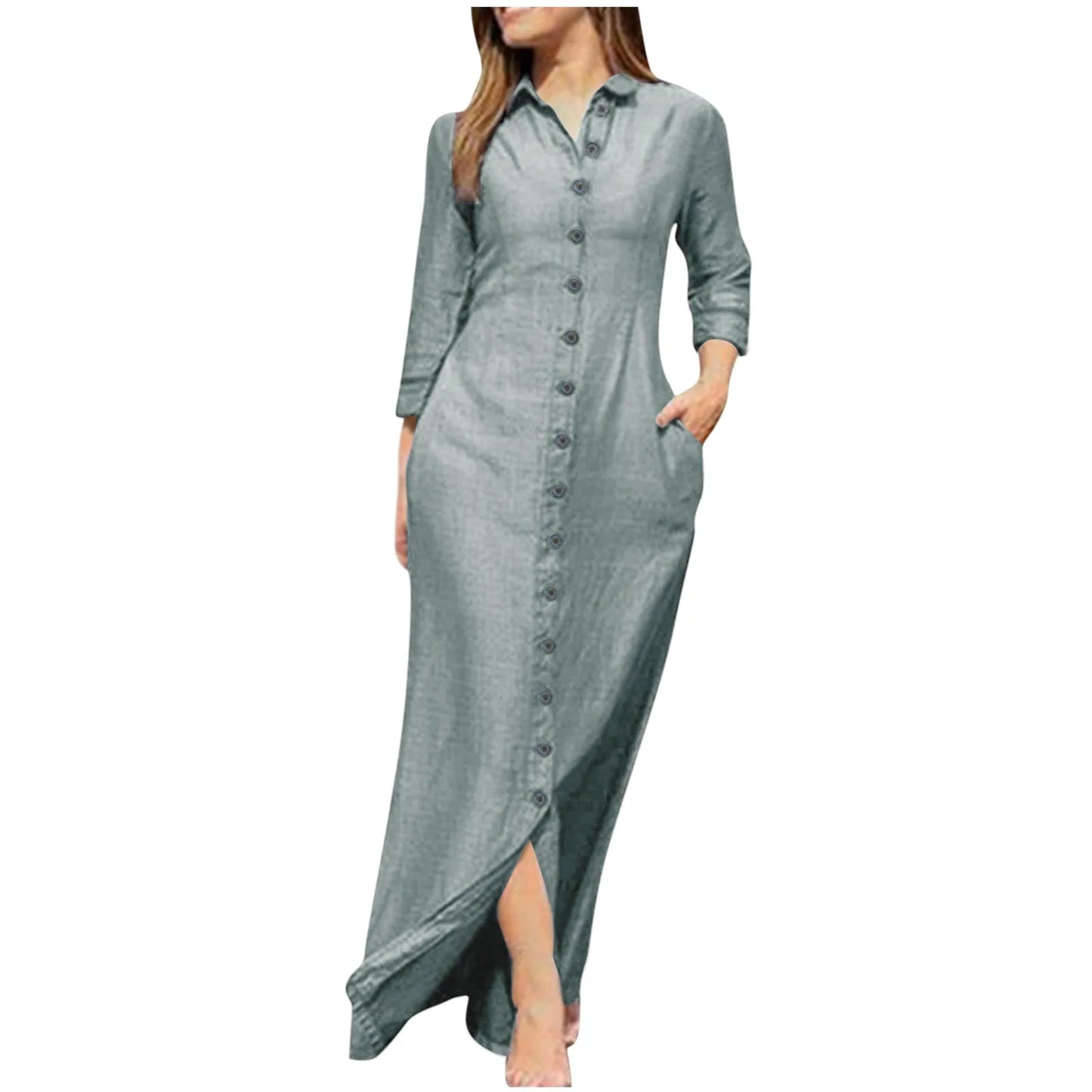 Shirt Dress - Cotton Linen Button Long Sleeve