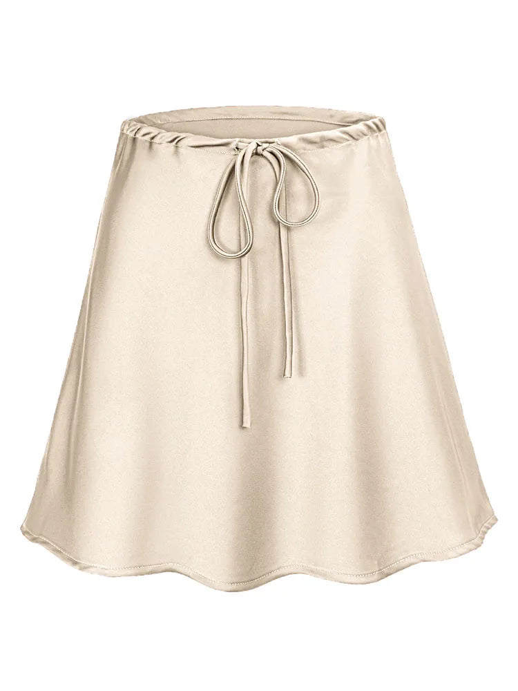 Satin Mini Skirt - Drawstring High Waist A-Line
