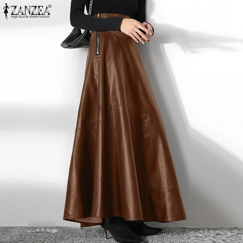 PU Leather Maxi Skirt - High Waist Zipper Style B