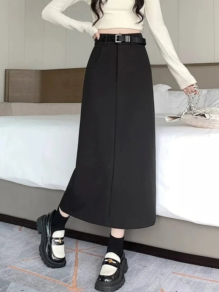 Falda Midi Línea A Mujer Cintura Alta con Abertura