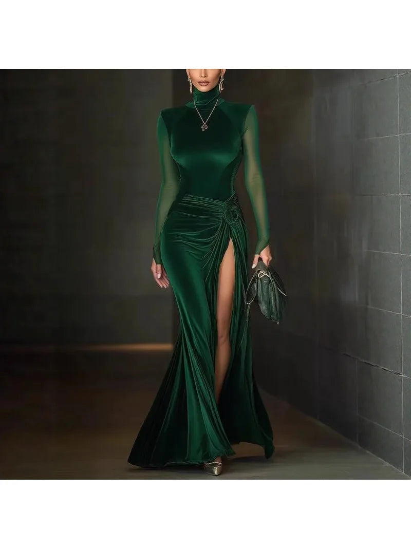 Vestido Terciopelo Suave Malla Pliegues Cremallera Elegante Noche