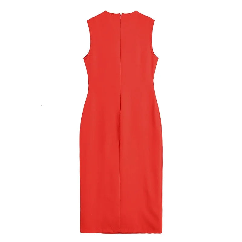 Office Midi Dress - Belt Button Sleeveless Black