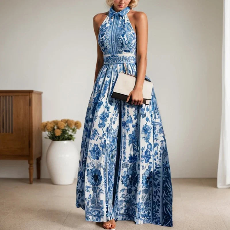 Vestido Largo Azul Floral Geométrico Sin Mangas Elegante Fiesta