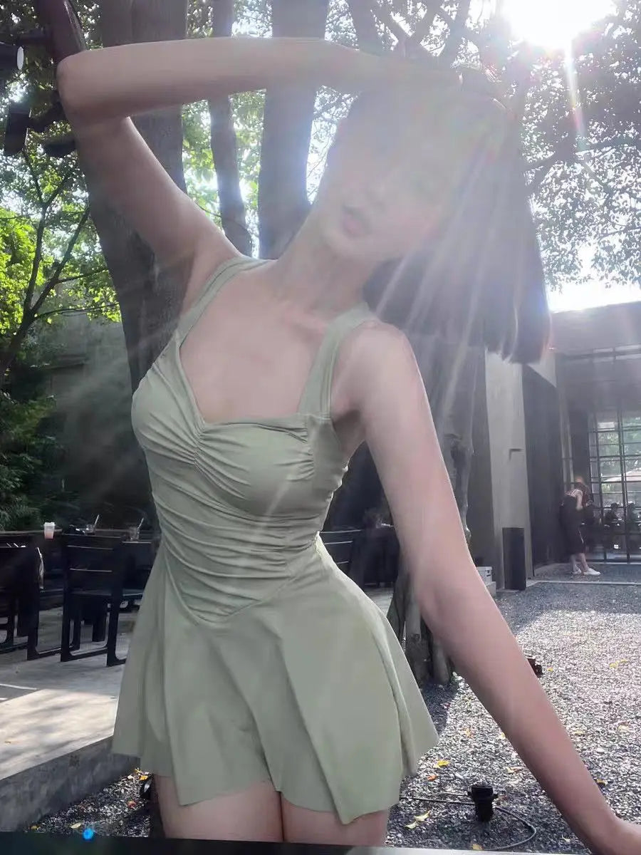 Swim Dress - One Piece Conservative Waist Gathering