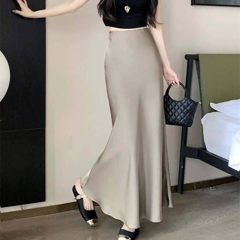 Satin Long Skirt - High Waist Draped Black