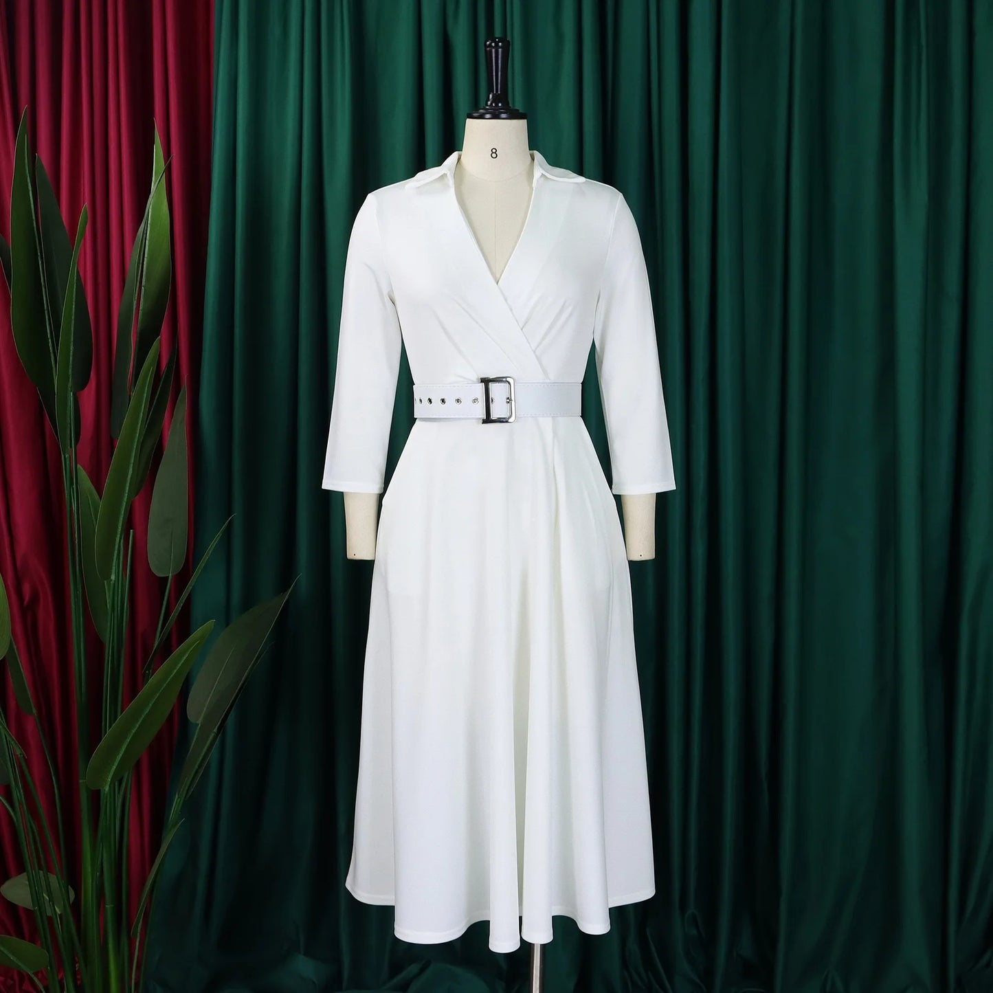 Office Dress - Turn Down Collar Belt Pleated African