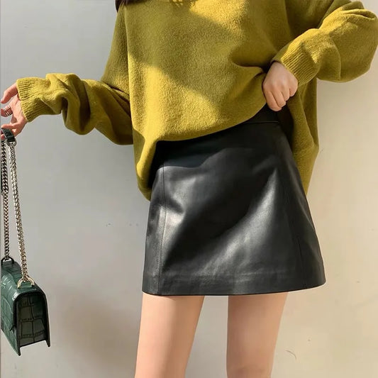 Sheepskin Leather Mini Skirt - High Waist Y2k