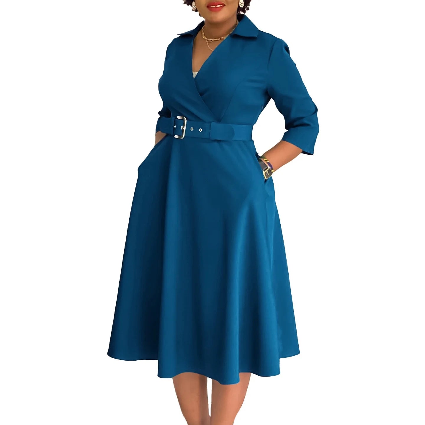 Office Dress - Turn Down Collar Belt Pleated African
