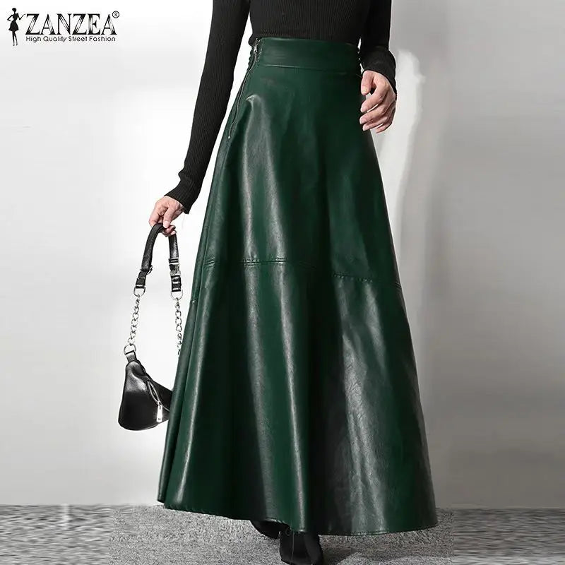 PU Leather Maxi Skirt - High Waist Zipper Style B