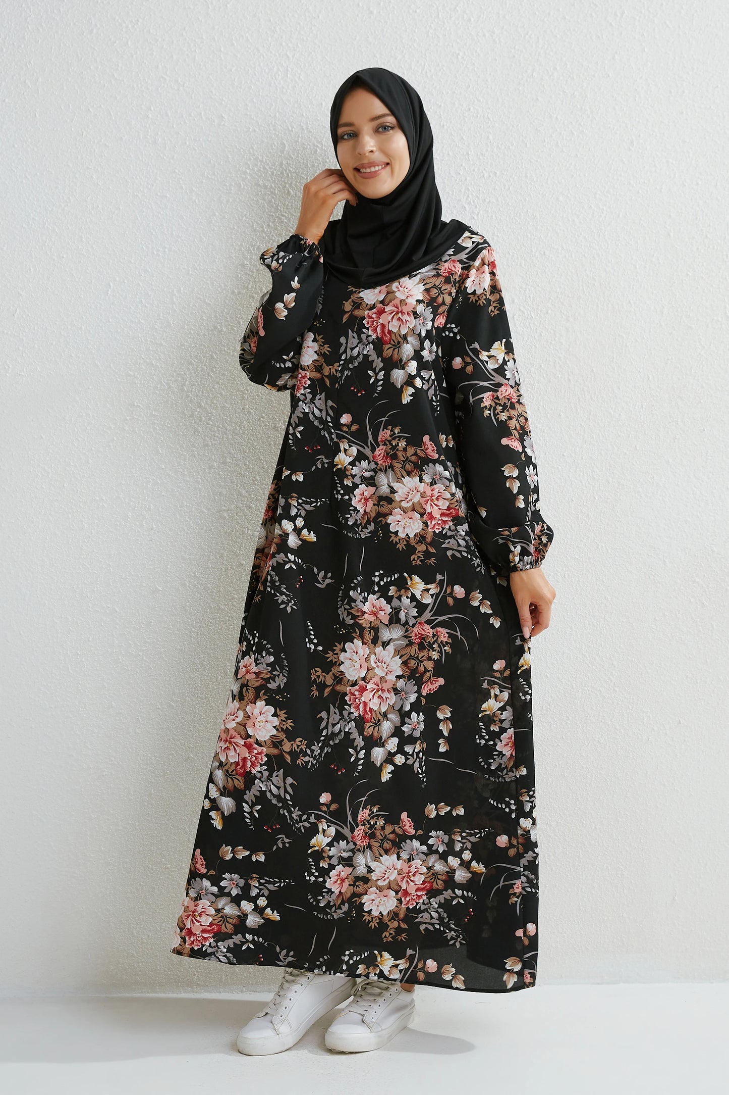 Muslim Maxi Dress - Floral Print Long Sleeve