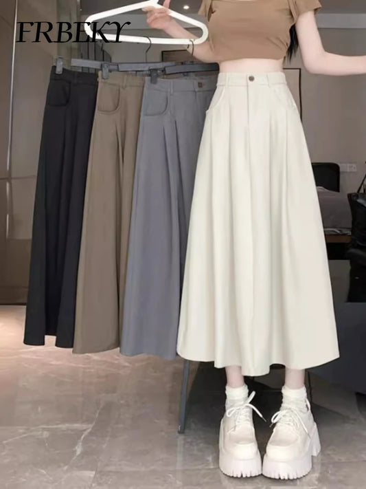 Falda Larga Coreana Línea A - Cintura Alta Drapeado