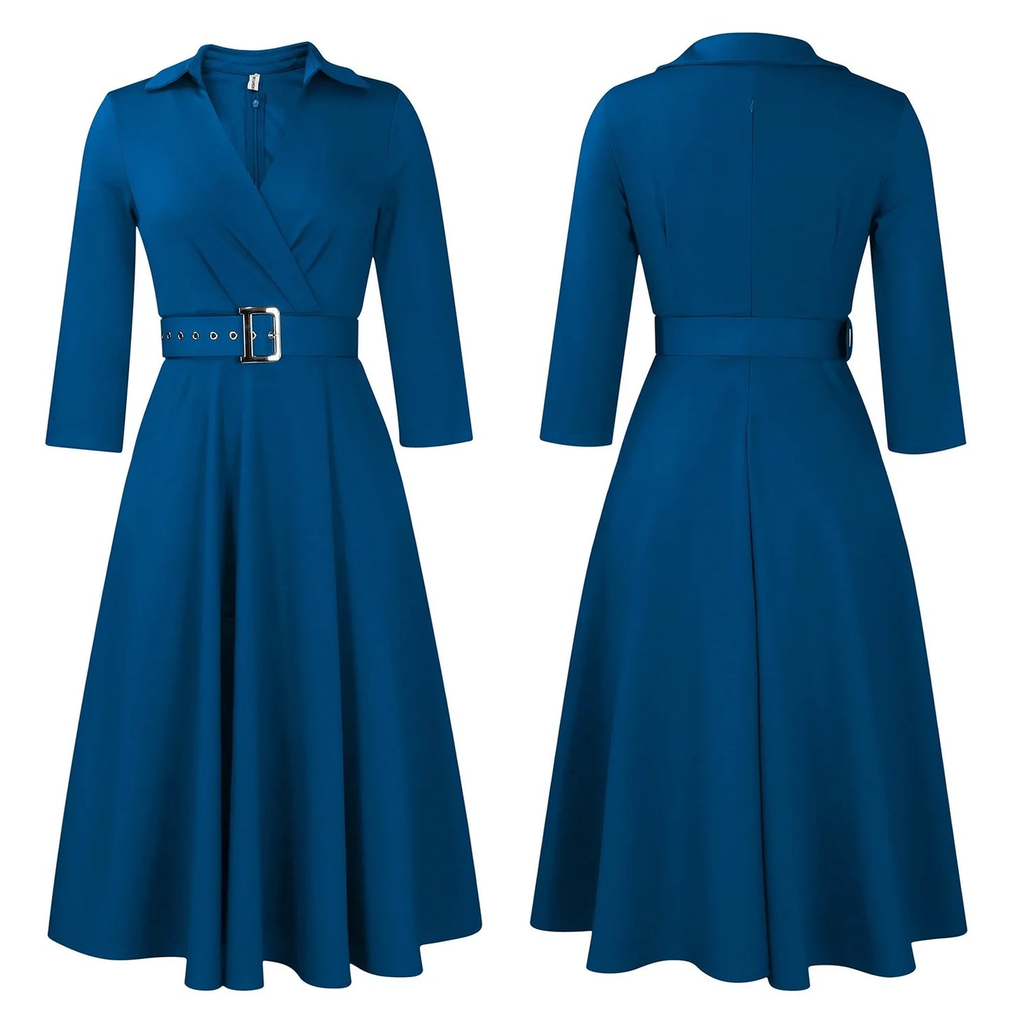 Office Dress - Turn Down Collar Belt Pleated African