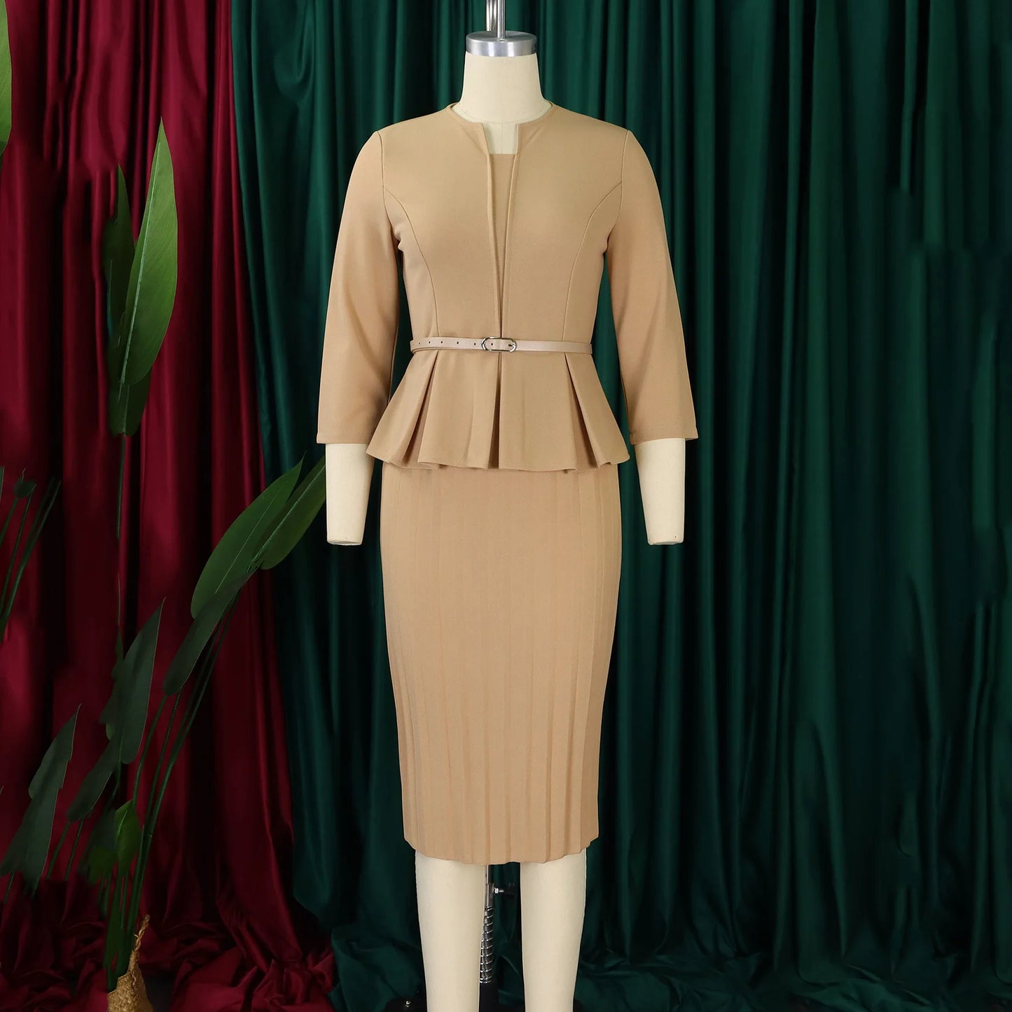 Office Dress - V Neck Belt Midi Professional 2024