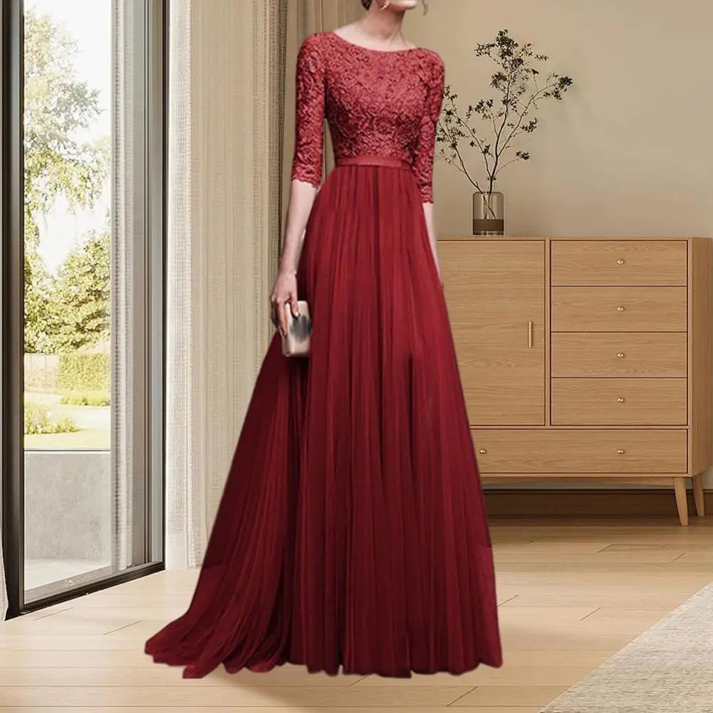Vestido de Noche Encaje Floral Bordado Tejido Suave Cintura Ajustada Elegante