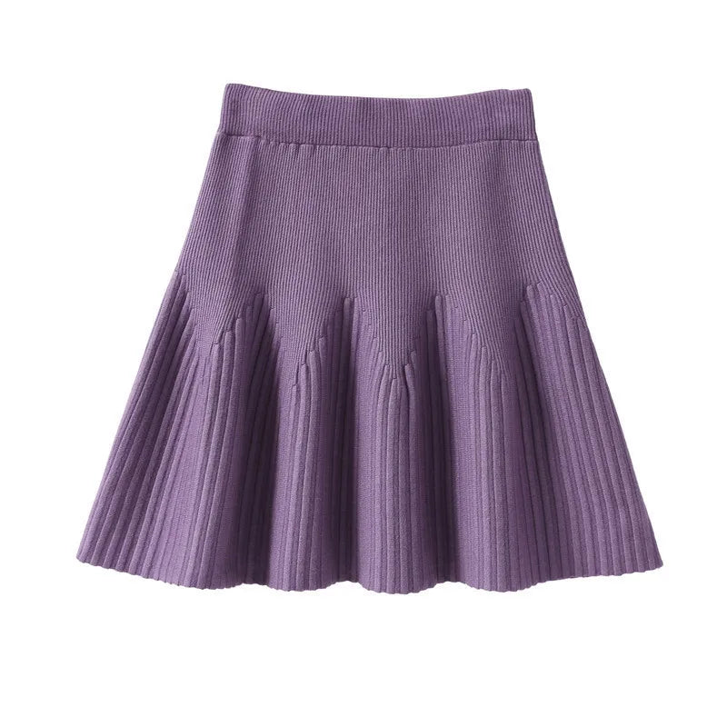 Women's Minimalist Knitting Skirt Sweet Elegant Daily Retro Folded Korean Style Autumn Mini Skirt All-match Pure Design