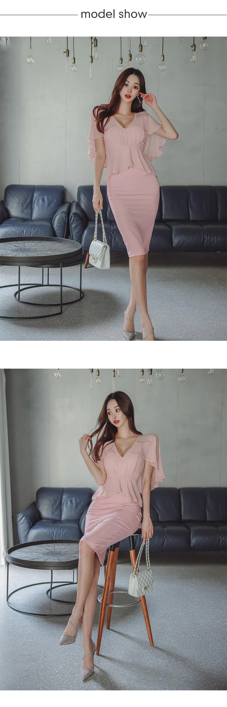 Pink Pencil Dress - Cloak V-Neck Midi Party