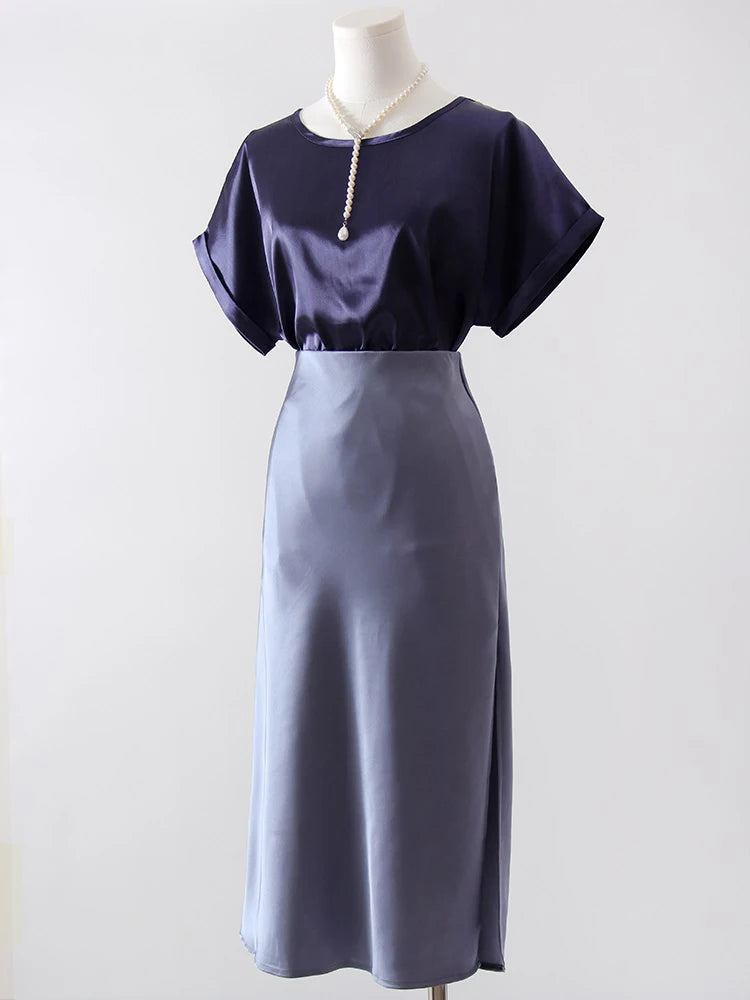 Satin Midi Skirt - A-Line Side Slit