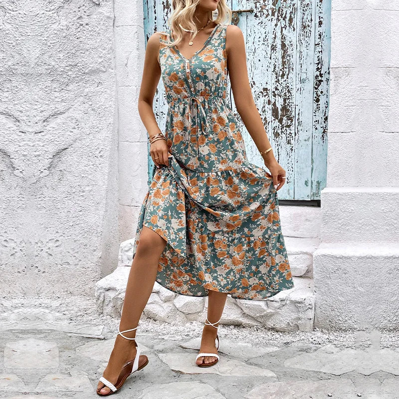 Vestido Largo Casual Floral Escote V Sin Mangas Mujer